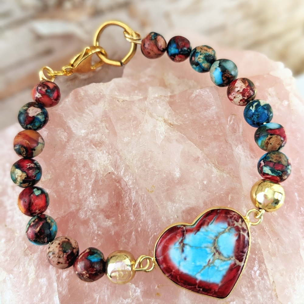 Natural Imperial Sea Sediment Blue And Red Jasper Bracelet W/ Heart Centerpiece
